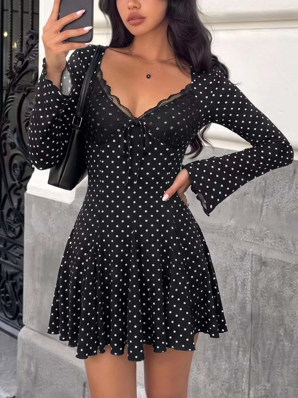 Polka Dot Lace Trimmed V-Neck Mini Dress - GlowUp Garments