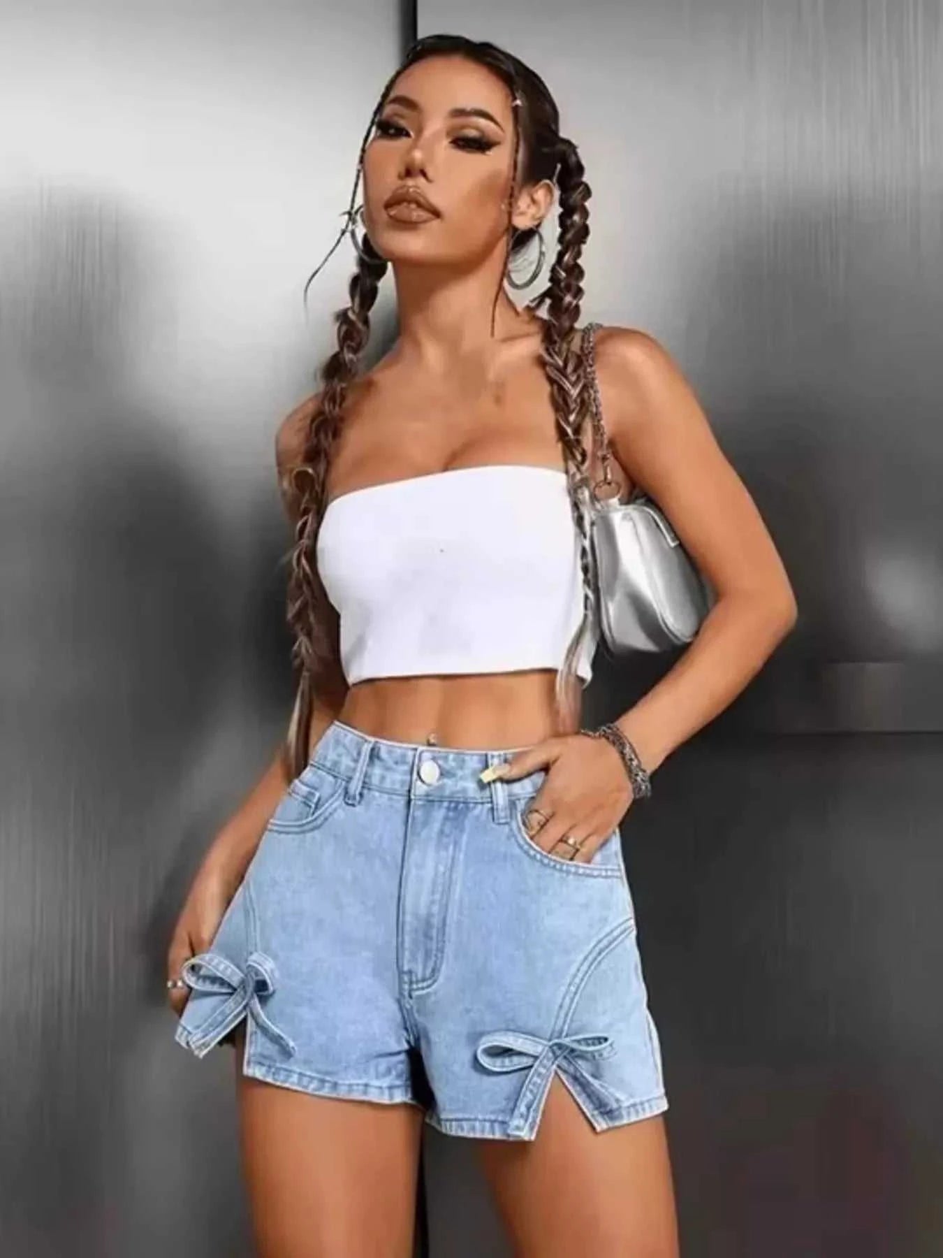 Bow High Waist Denim Shorts - GlowUp Garments