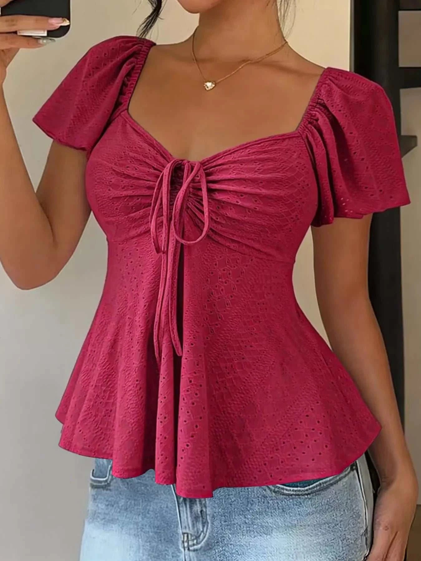 Sweetheart Neck Flutter Sleeve Top - GlowUp Garments