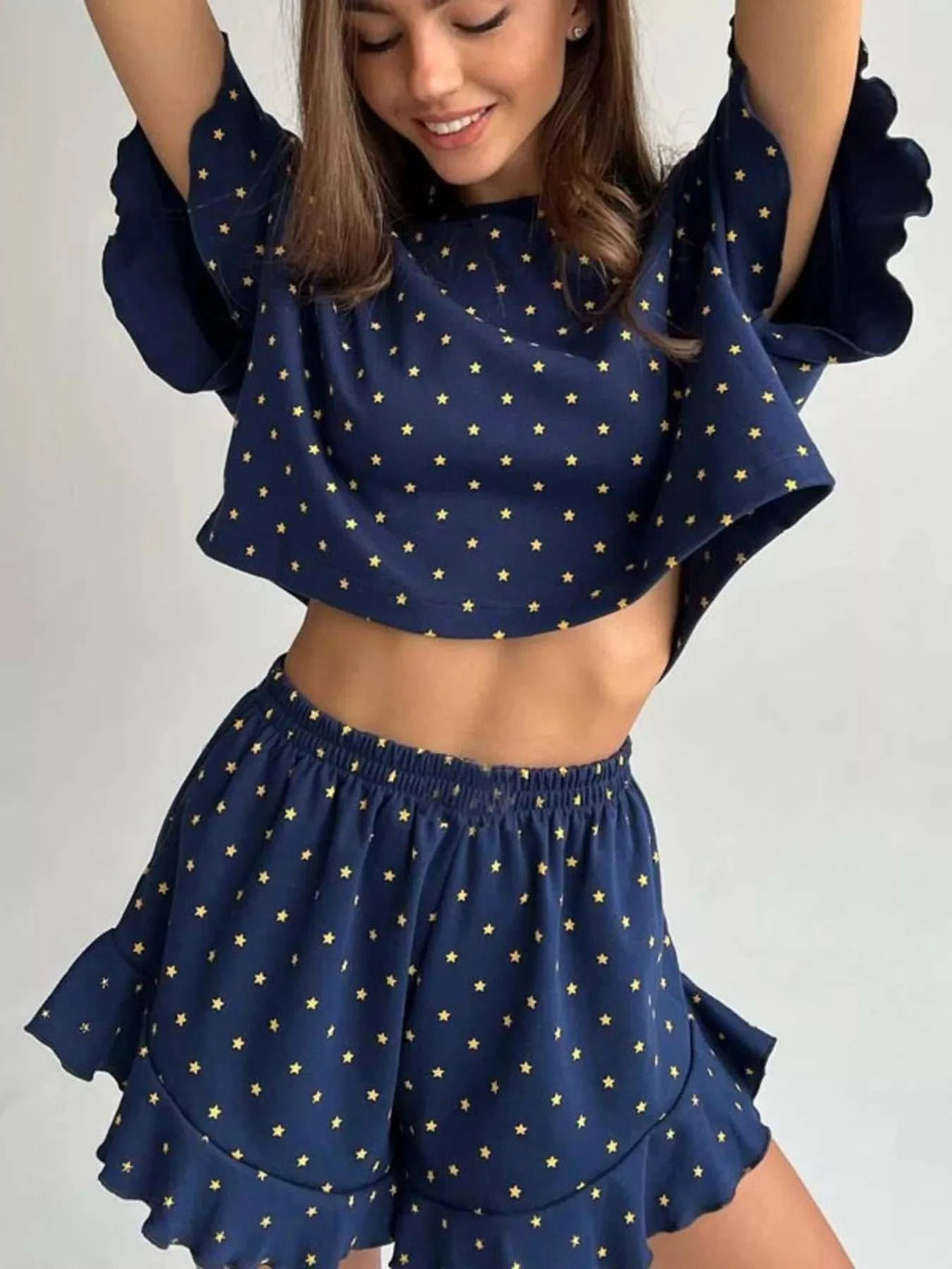 Printed Crop Top and Ruffled Shorts Lounge Set - GlowUp Garments