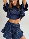 Printed Crop Top and Ruffled Shorts Lounge Set - GlowUp Garments