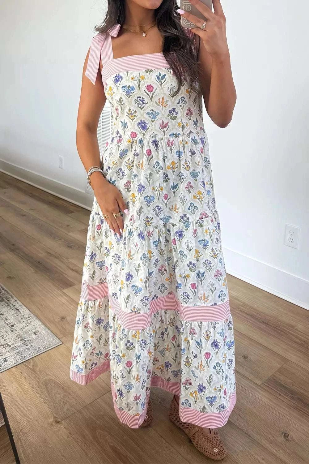 Tiered Floral Tie Shoulder Midi Dress - GlowUp Garments
