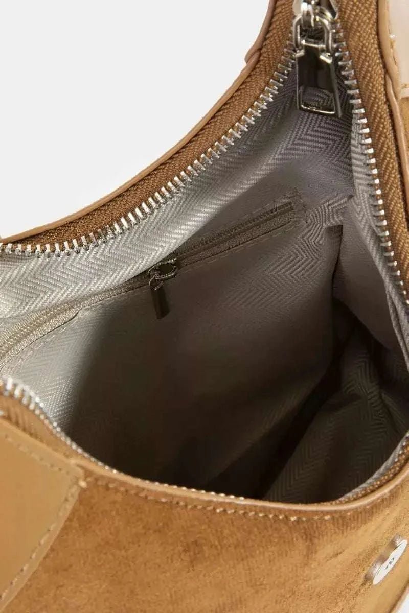 Leather Accent Suede Crescent Shoulder Bag - GlowUp Garments