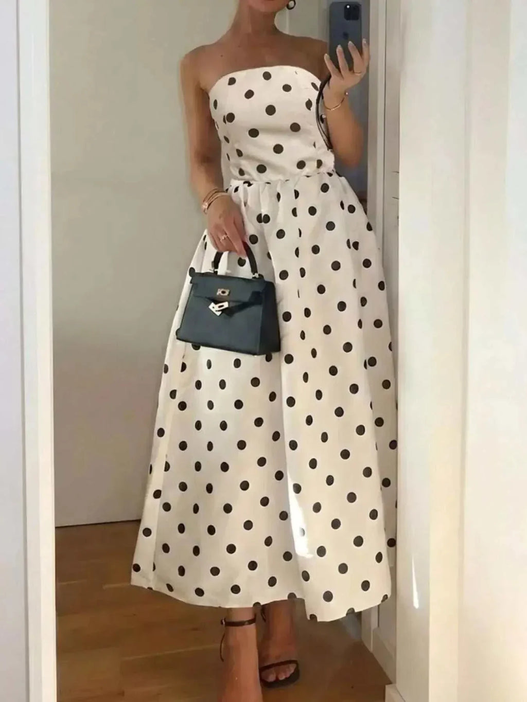 Polka Dot Strapless Midi Dress - GlowUp Garments