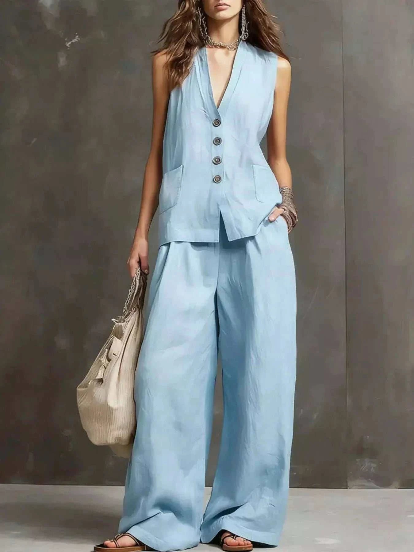 Full Size Sleeveless Vest and Wide-Leg Pants Set Plus SIze - GlowUp Garments