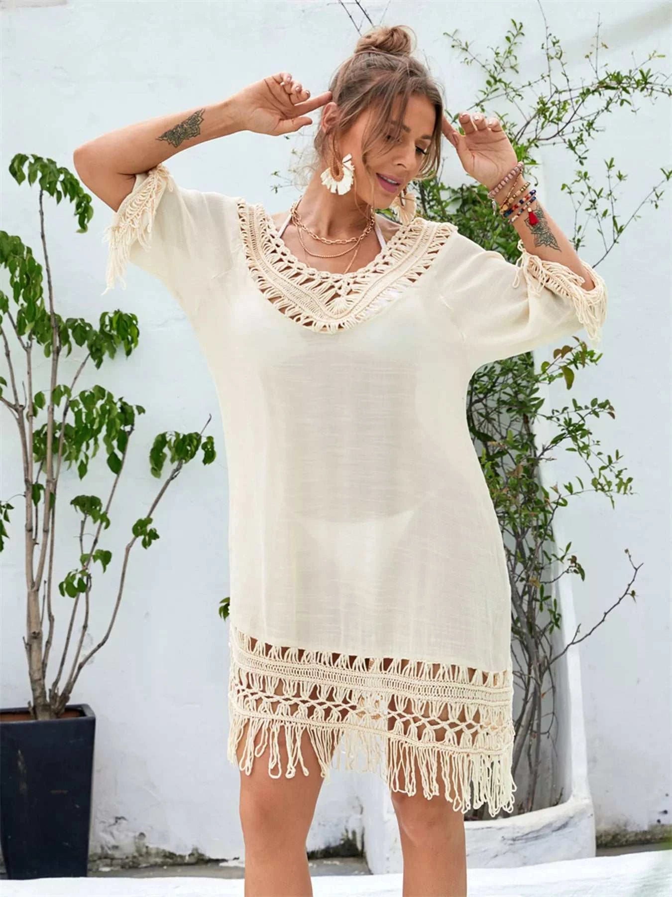 Fringe Crochet V-Neck Cover-Up Dress - GlowUp Garments