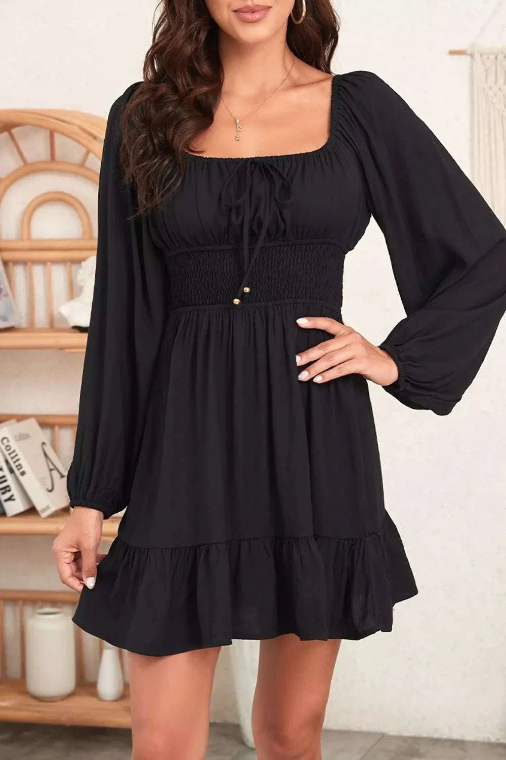 Solid Color Long Sleeve Shirred Drawstring Ruffle Mini Dress - GlowUp Garments