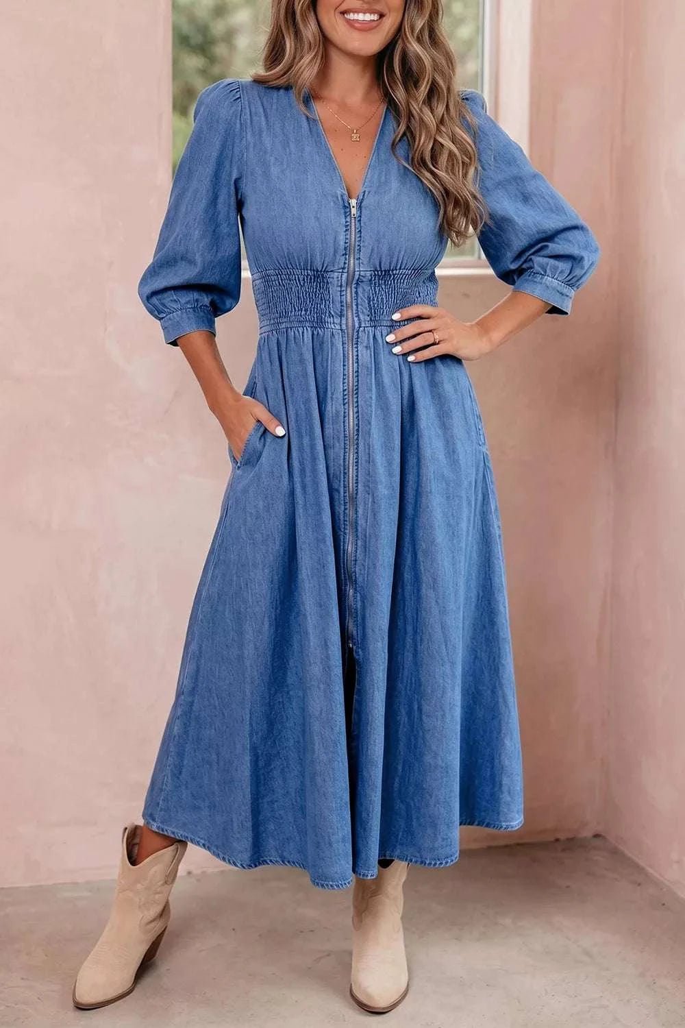 V Neck Shirred Waist Metal Zipper Denim Midi Dress - GlowUp Garments