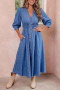 V Neck Shirred Waist Metal Zipper Denim Midi Dress - GlowUp Garments