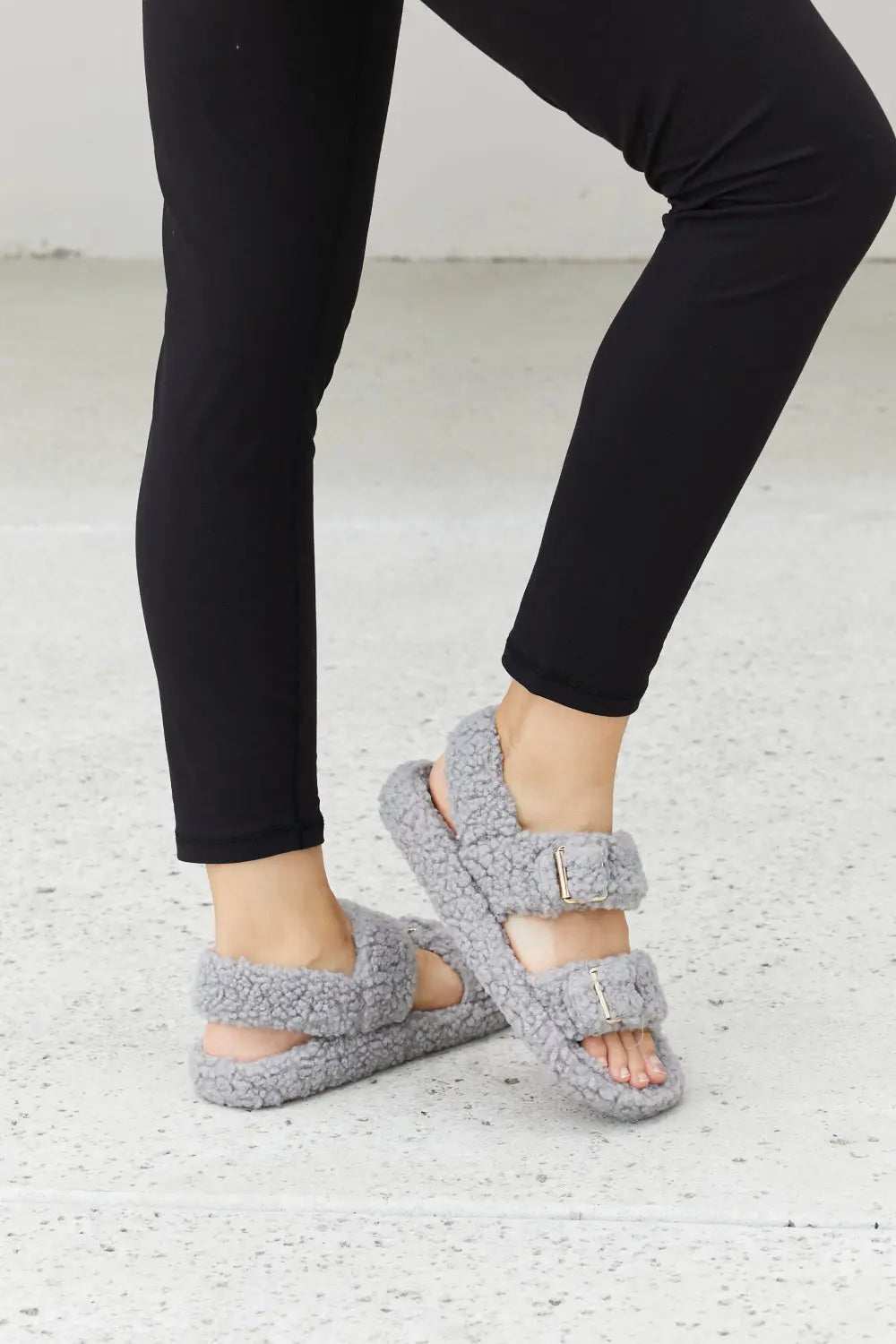 Qupid Cozy Atmosphere Faux Fur Buckled Sandals in Grey - GlowUp Garments