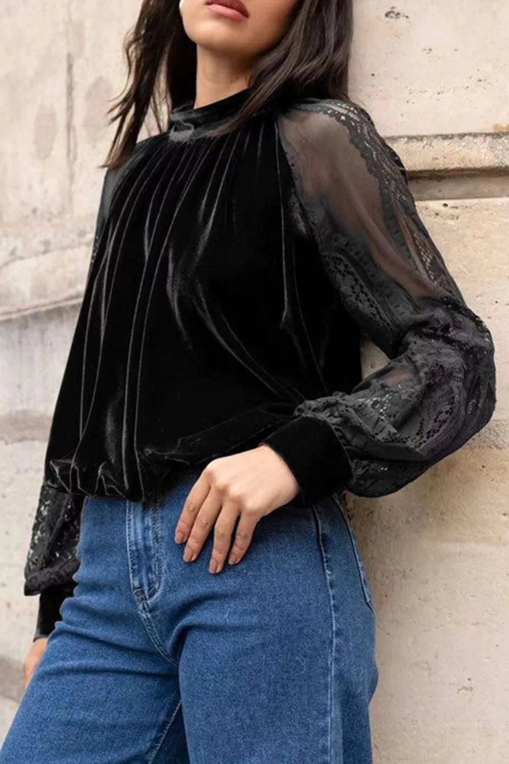 Elegant Velvet Blouse with Sheer Lace Sleeves - GlowUp Garments
