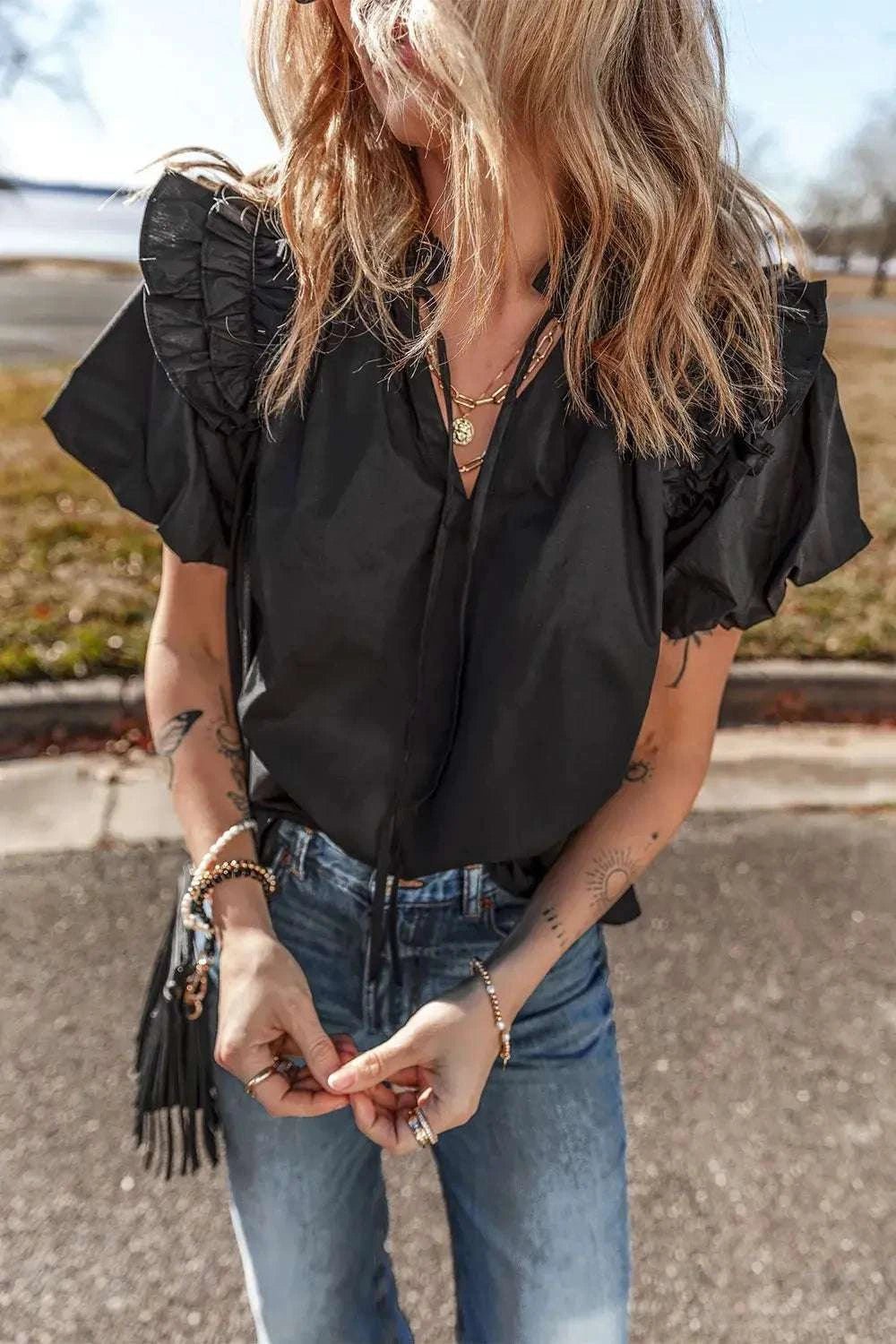Ruffled Puff Short Sleeve Loose Blouse - GlowUp Garments