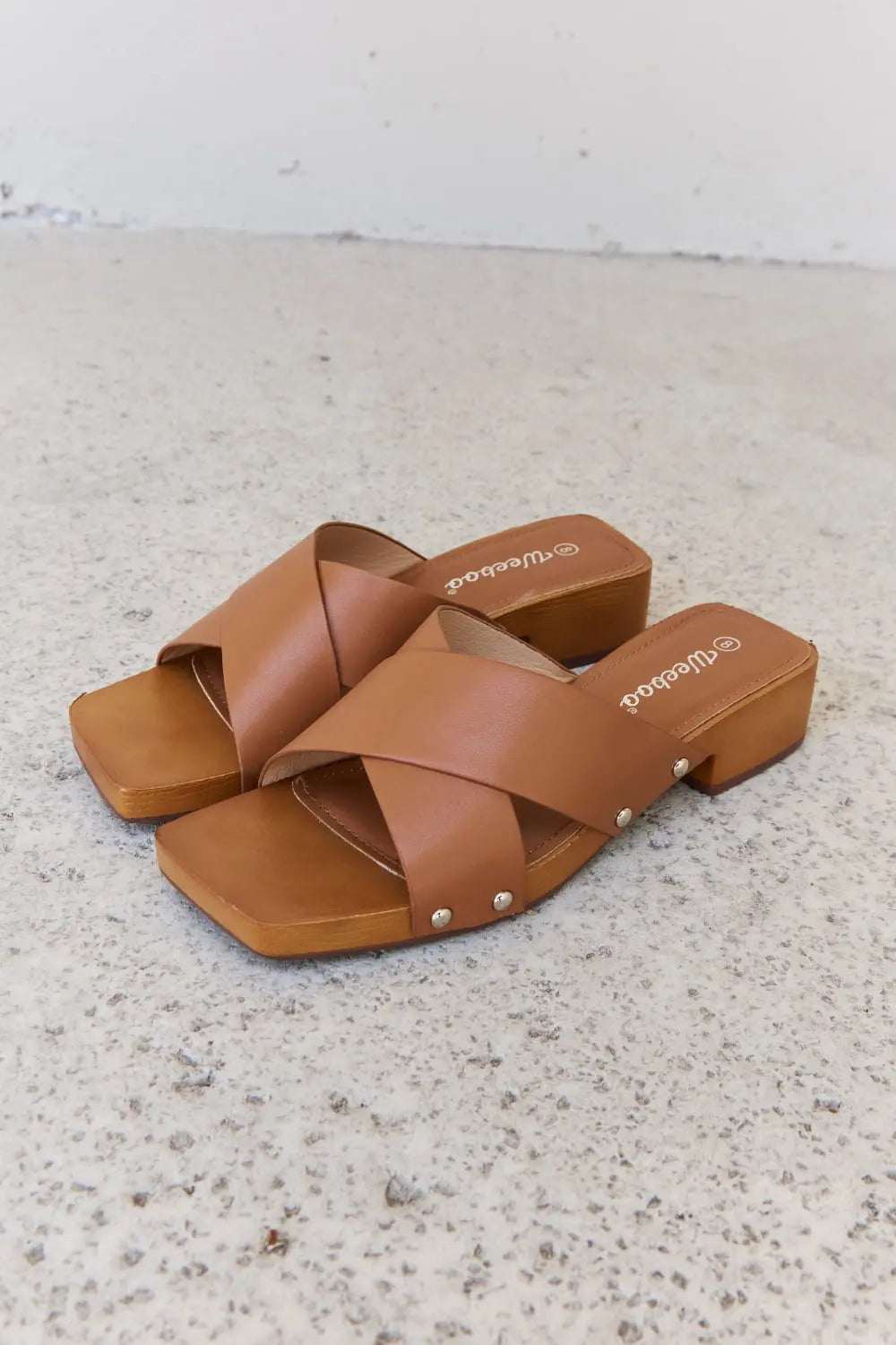 Weeboo Step Into Summer Criss Cross Wooden Clog Mule in Brown - GlowUp Garments