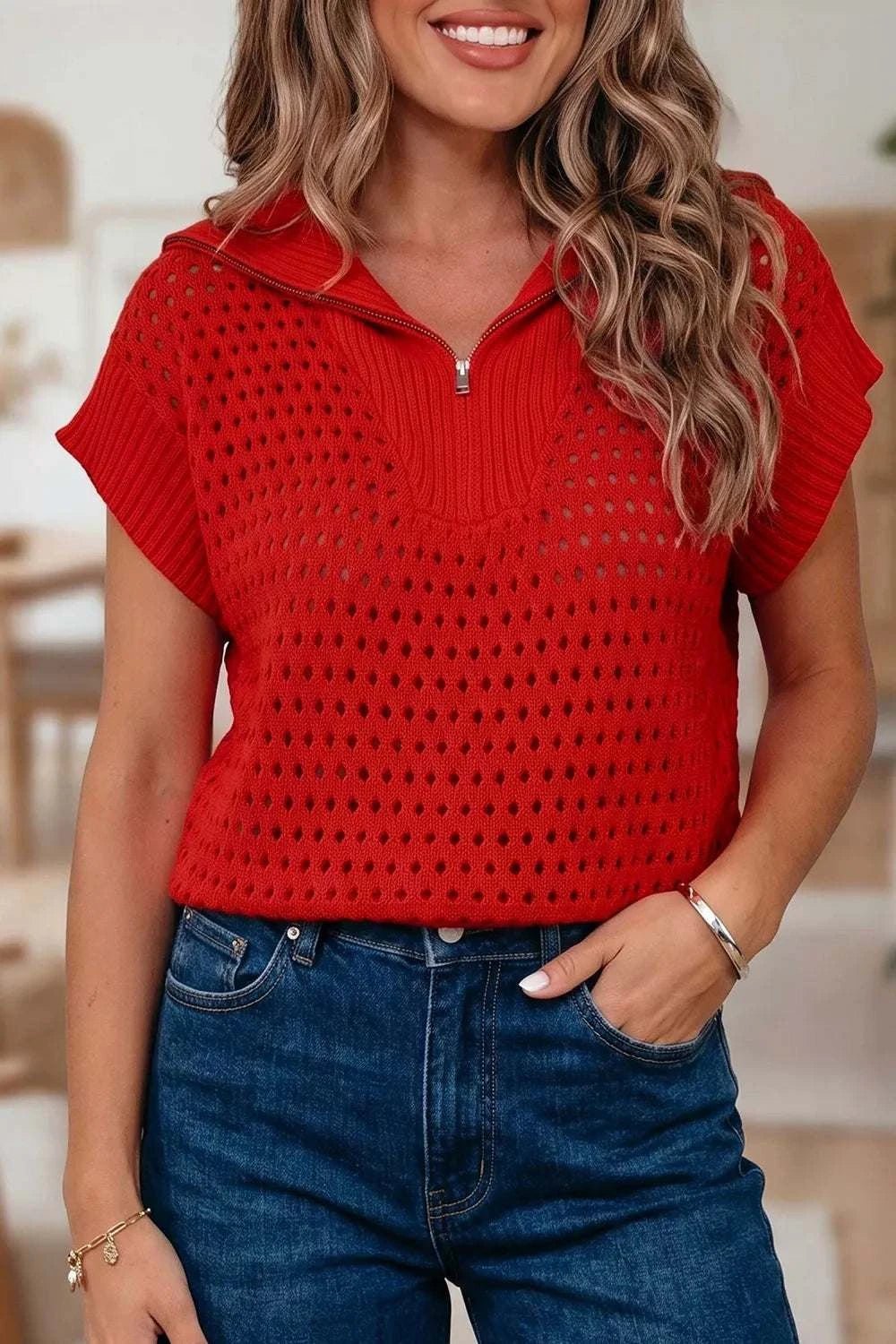 Openwork Quarter-Zip Knit Top - GlowUp Garments