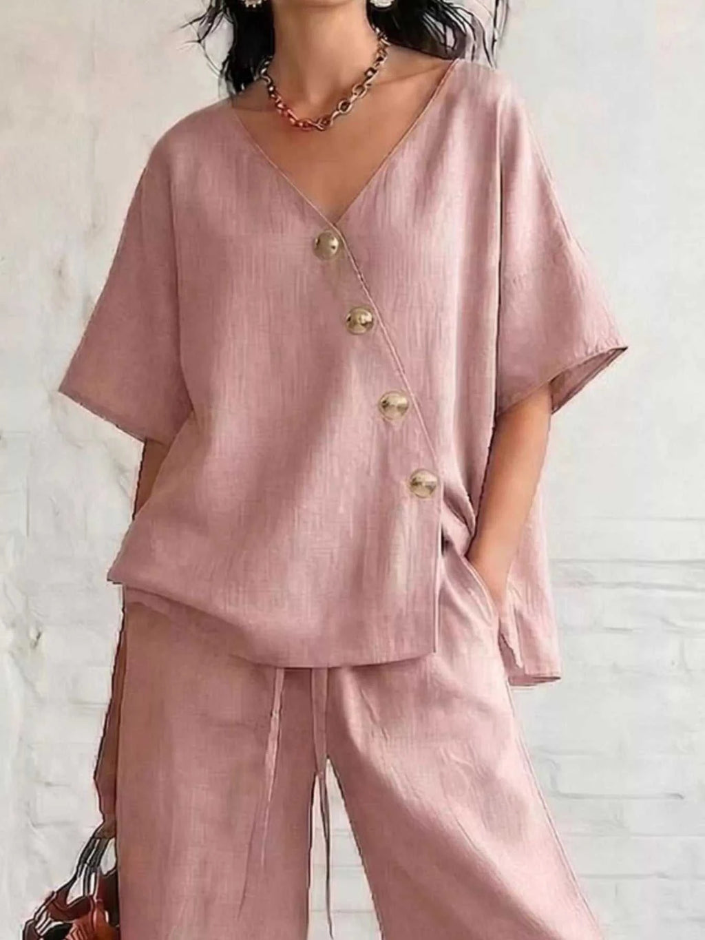 Full Size Surplice Half Sleeve Top and Wide-Leg Pants Set Plus Size - GlowUp Garments