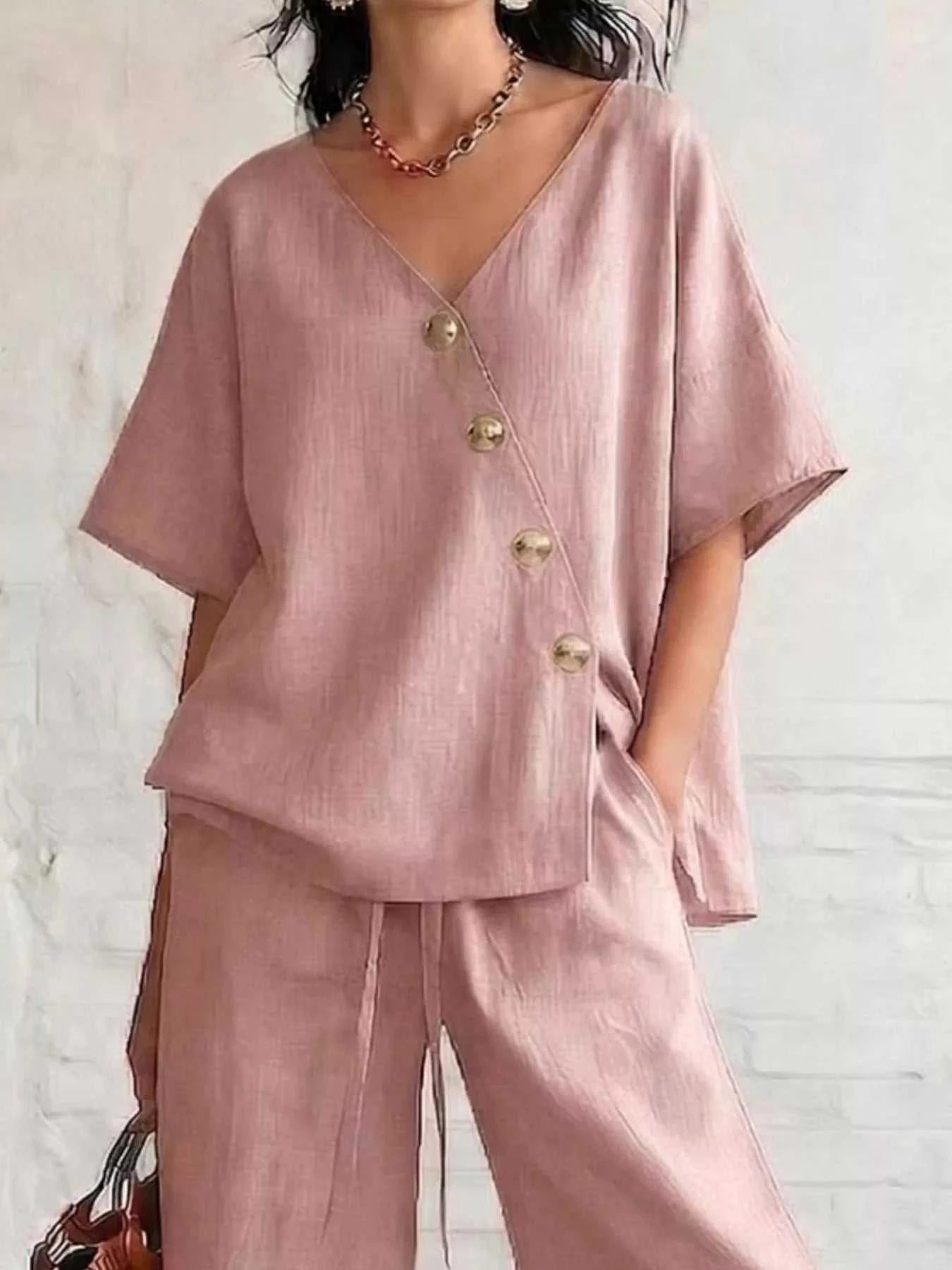 Full Size Surplice Half Sleeve Top and Wide-Leg Pants Set Plus Size - GlowUp Garments