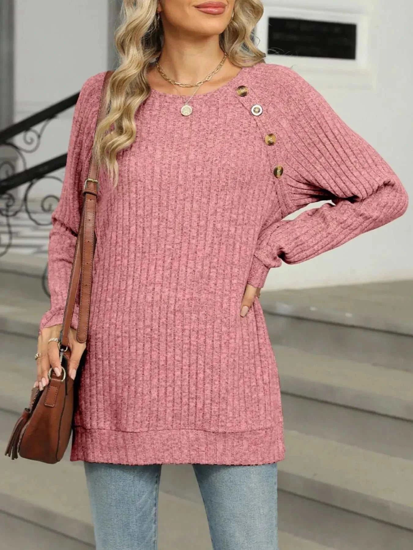 Round Neck Side Slit Ribbed Knit Top with Asymmetric Button Detail - GlowUp Garments