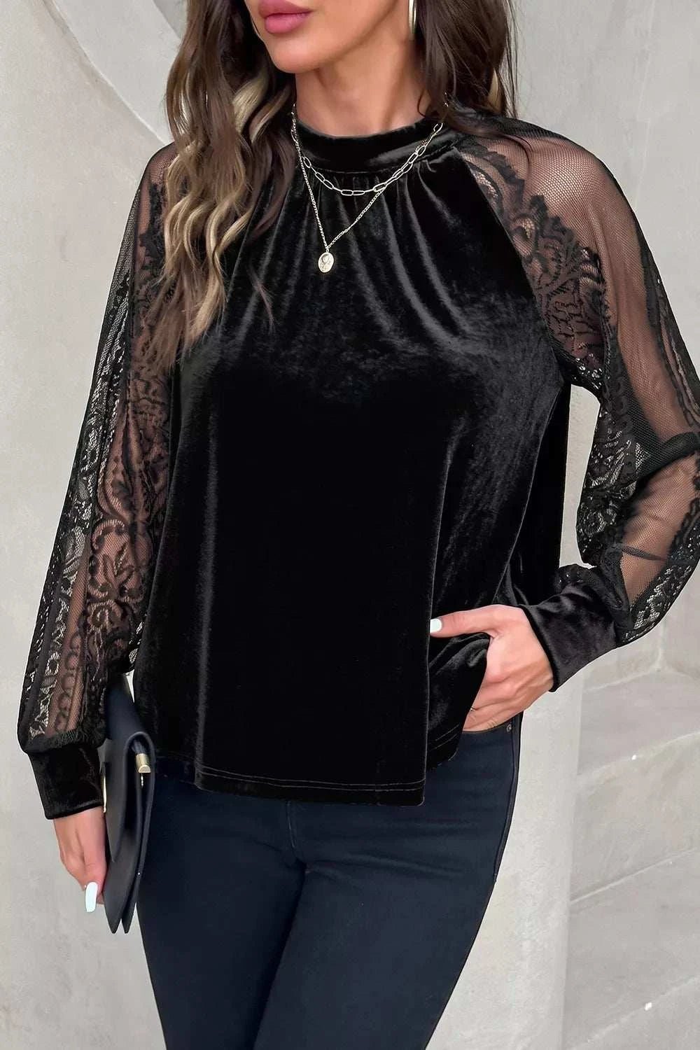 Elegant Velvet Blouse with Sheer Lace Sleeves - GlowUp Garments