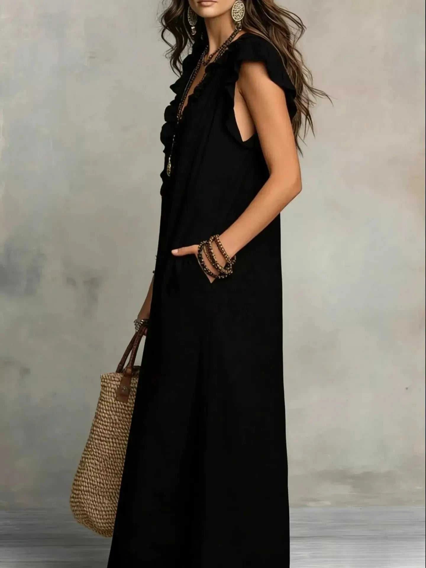 Full Size Ruffled V-Neck Cap Sleeve Maxi Dress Plus Size - GlowUp Garments