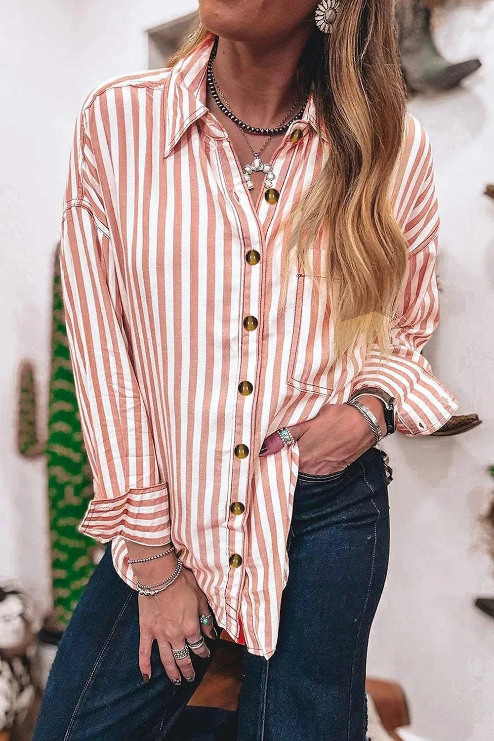 Stripe Western Button Down Long Sleeve Casual Shirt - GlowUp Garments