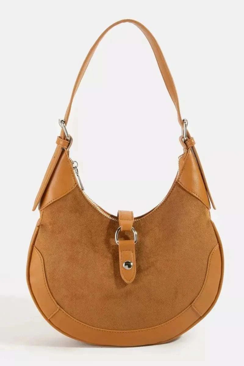 Leather Accent Suede Crescent Shoulder Bag - GlowUp Garments