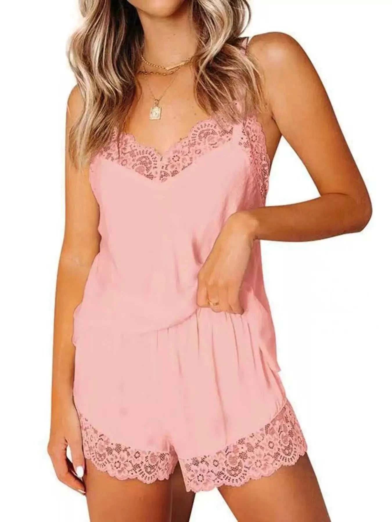 Lace Trim Cami and Shorts Lounge Set - GlowUp Garments