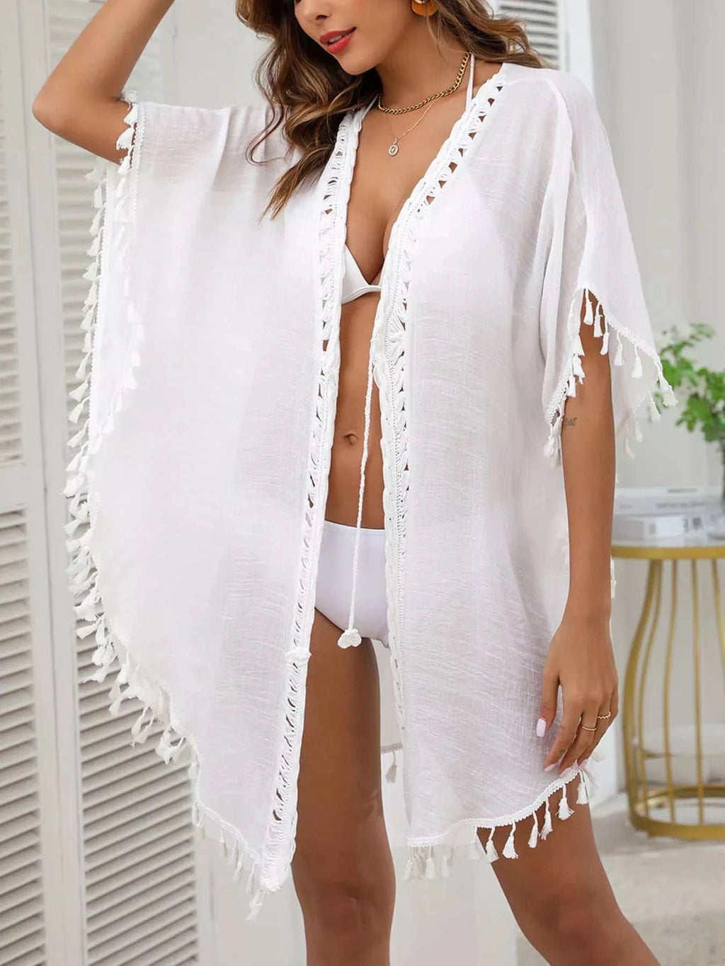 Tassel Trim Tie Front Cover-Up - GlowUp Garments