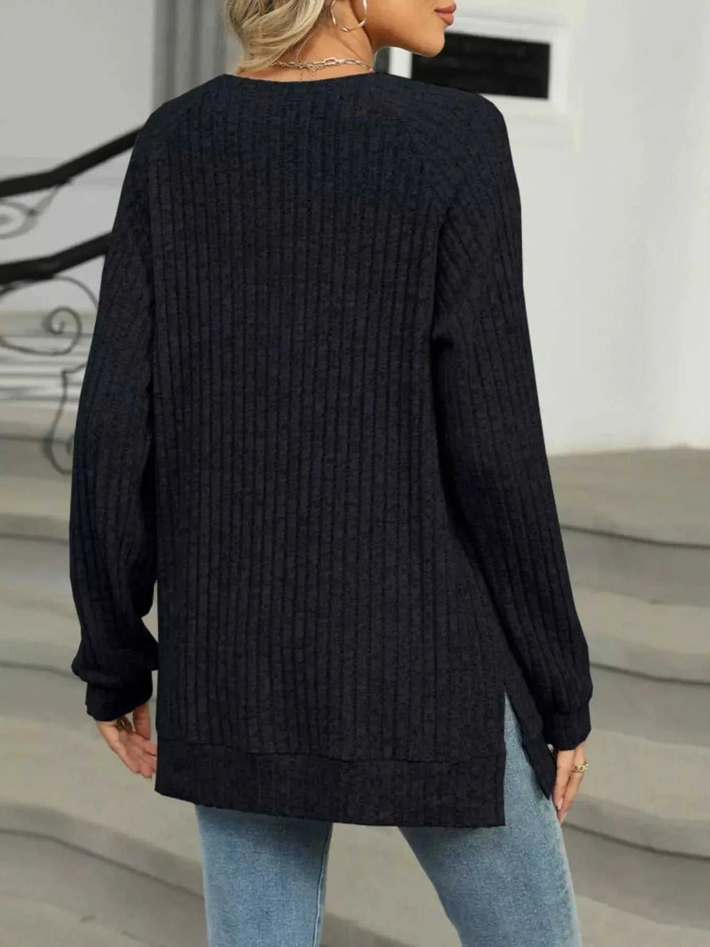Round Neck Side Slit Ribbed Knit Top with Asymmetric Button Detail - GlowUp Garments