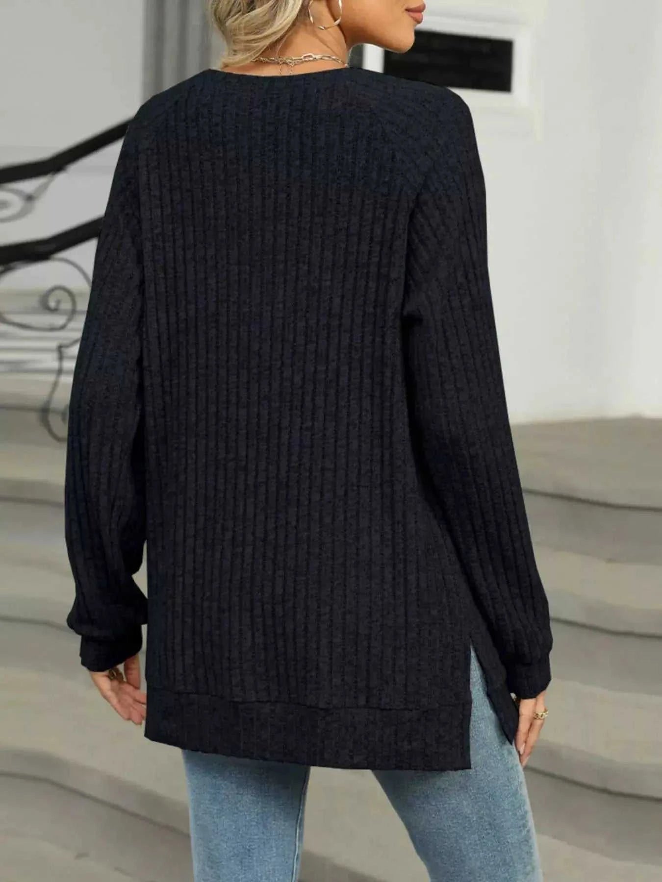 Round Neck Side Slit Ribbed Knit Top with Asymmetric Button Detail - GlowUp Garments