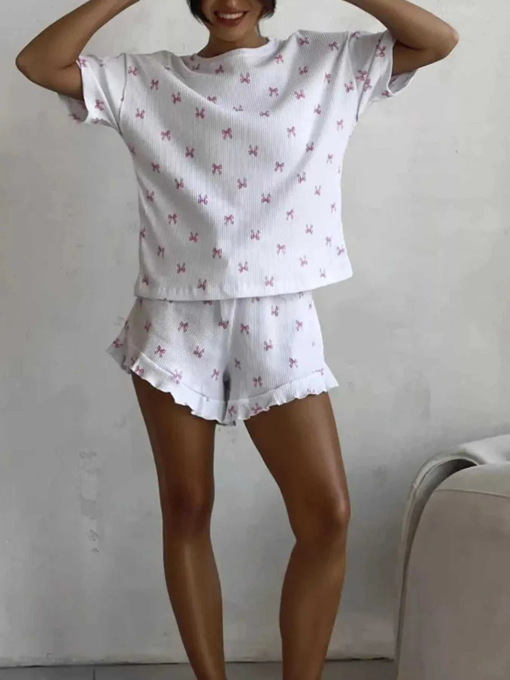 Ribbed Knit Bow Print Top and Shorts Lounge Set - GlowUp Garments