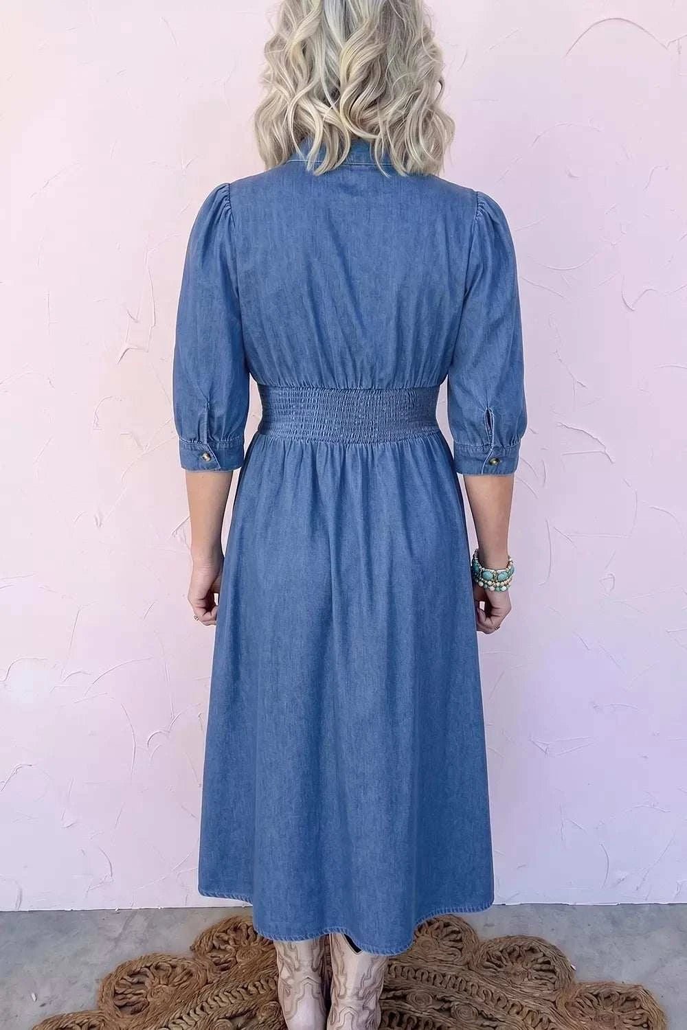V Neck Shirred Waist Metal Zipper Denim Midi Dress - GlowUp Garments