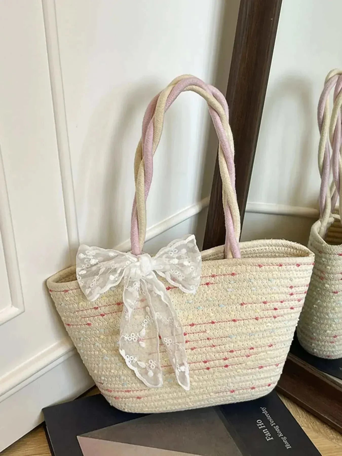 Woven Straw Shoulder Bag with Lace Bow Detail - GlowUp Garments