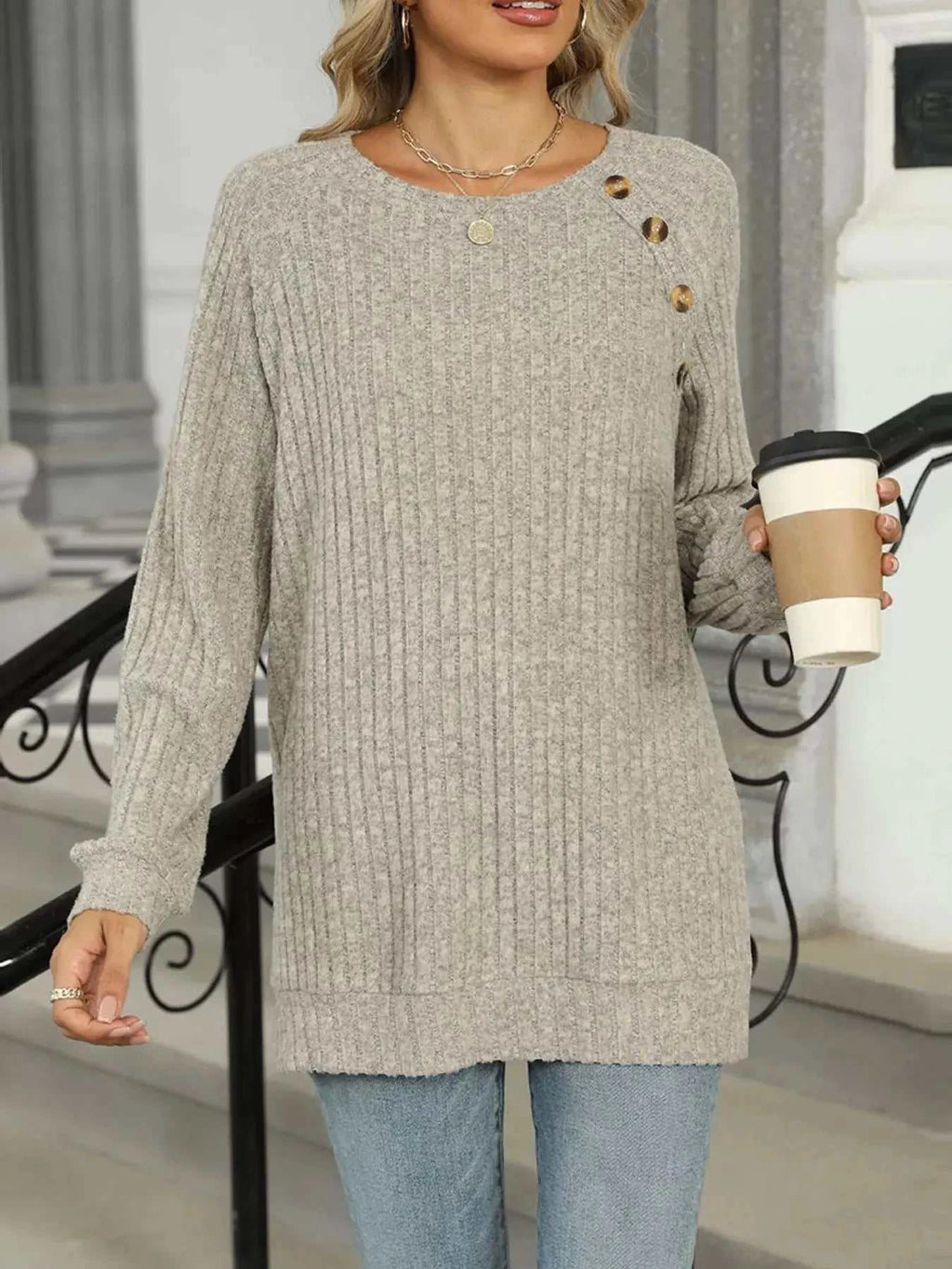Round Neck Side Slit Ribbed Knit Top with Asymmetric Button Detail - GlowUp Garments