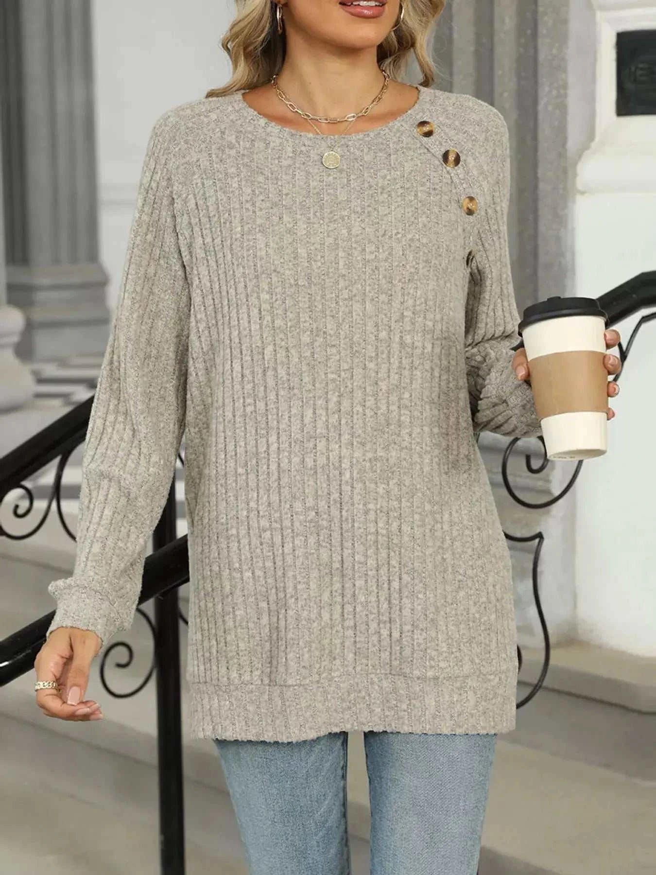 Round Neck Side Slit Ribbed Knit Top with Asymmetric Button Detail - GlowUp Garments