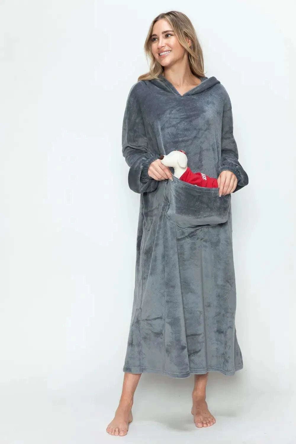 Double Take Full Size Pocketed Hooded Midi Lounge Dress - GlowUp Garments