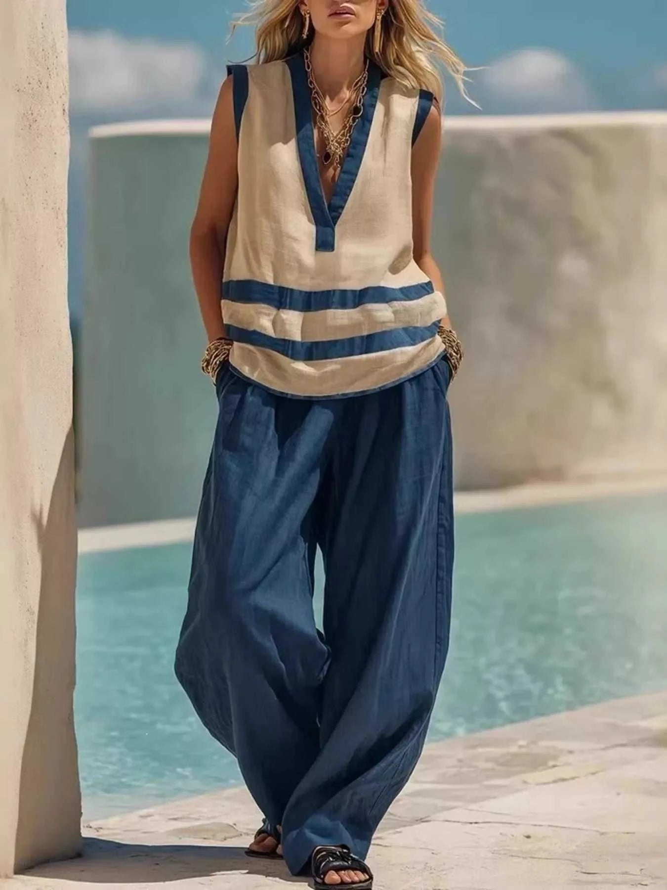 Striped Sleeveless Top and Wide-Leg Pants Set - GlowUp Garments