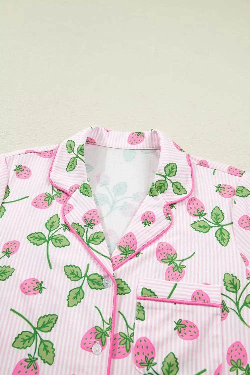 Striped Strawberry Print Lapel Shirt Drawstring Shorts 2pcs Pajama Set - GlowUp Garments