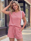 Striped Round Neck Tee and Shorts Set - GlowUp Garments