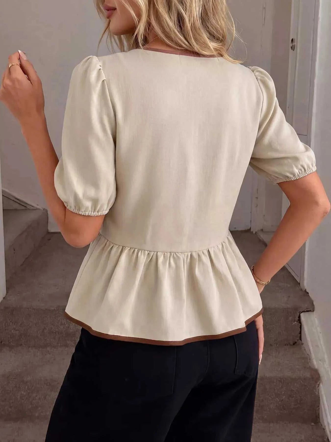 Bow Front Ruffle Hem Blouse - GlowUp Garments