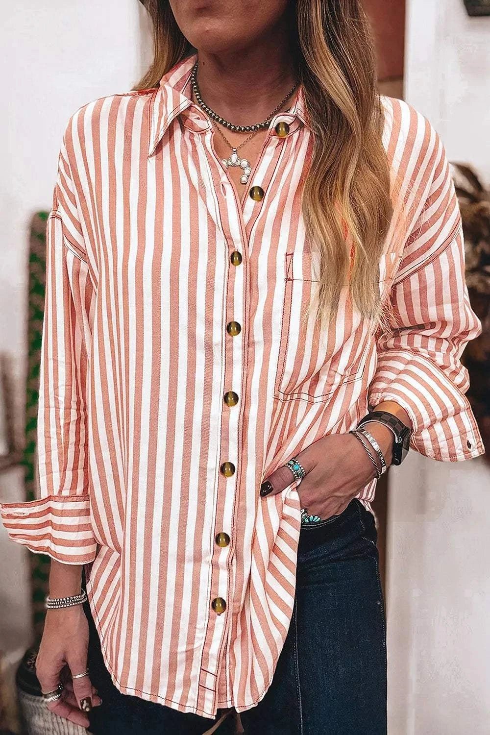 Stripe Western Button Down Long Sleeve Casual Shirt - GlowUp Garments