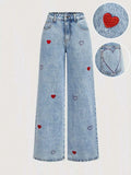 Embroidered Heart Wide-Leg Jeans - GlowUp Garments