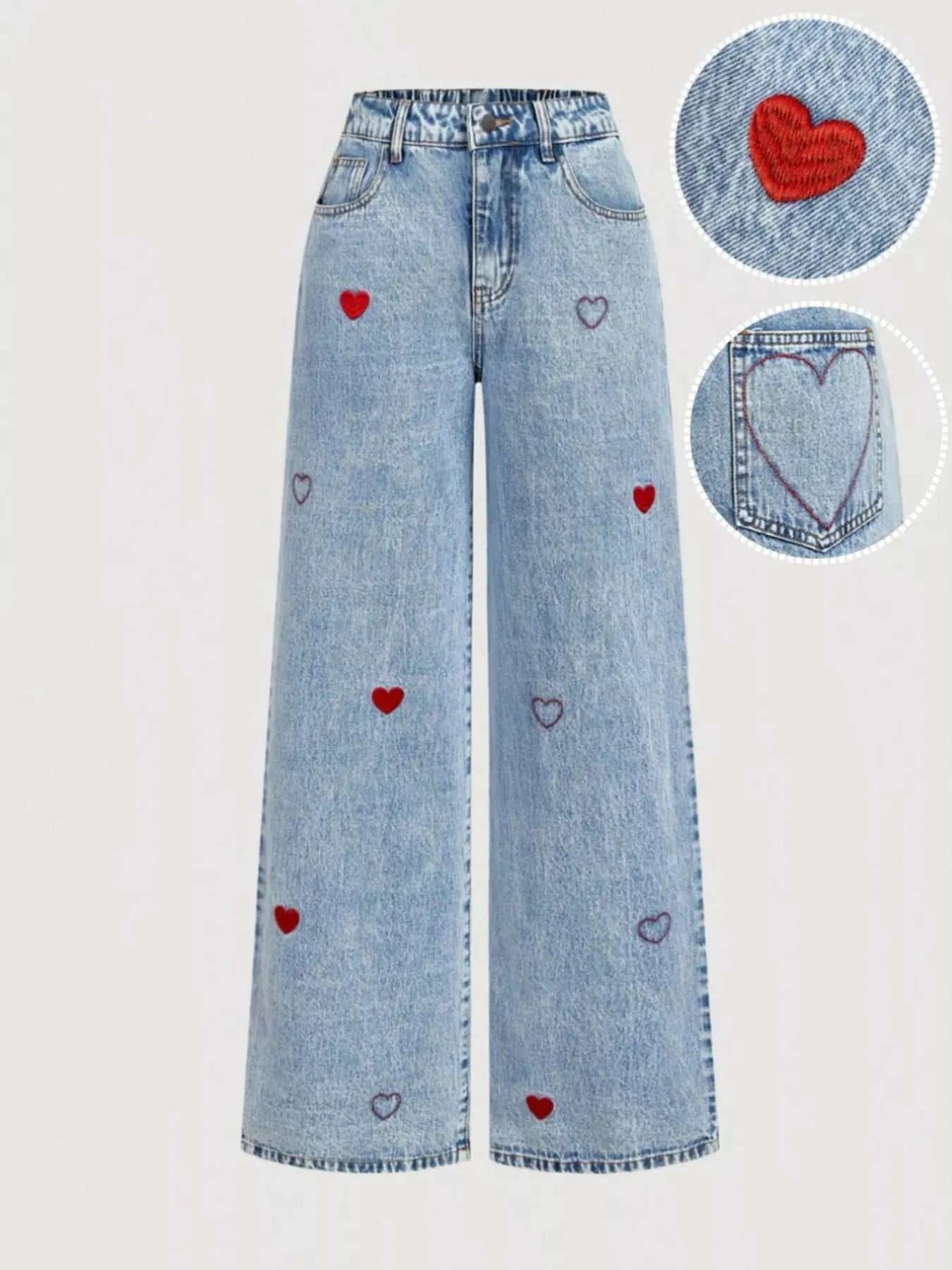 Embroidered Heart Wide-Leg Jeans - GlowUp Garments
