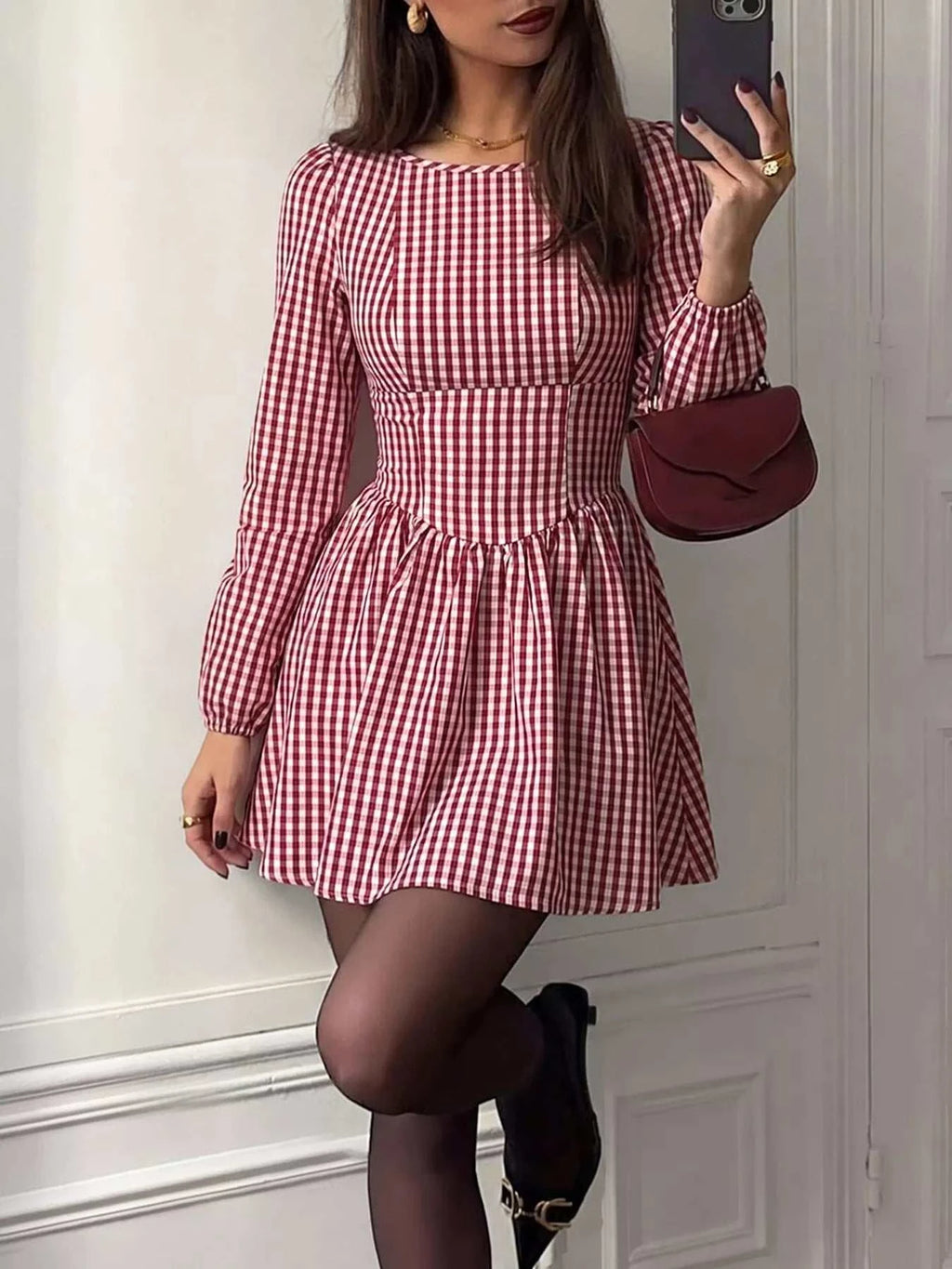 Backless Plaid Long Sleeve Dress - GlowUp Garments