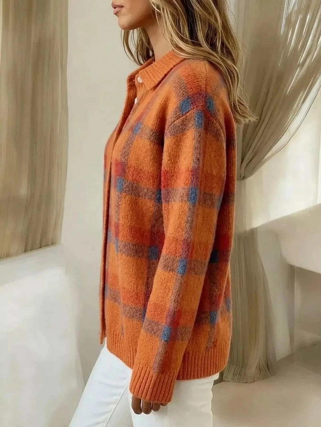 Plaid Button-Up Cardigan - GlowUp Garments
