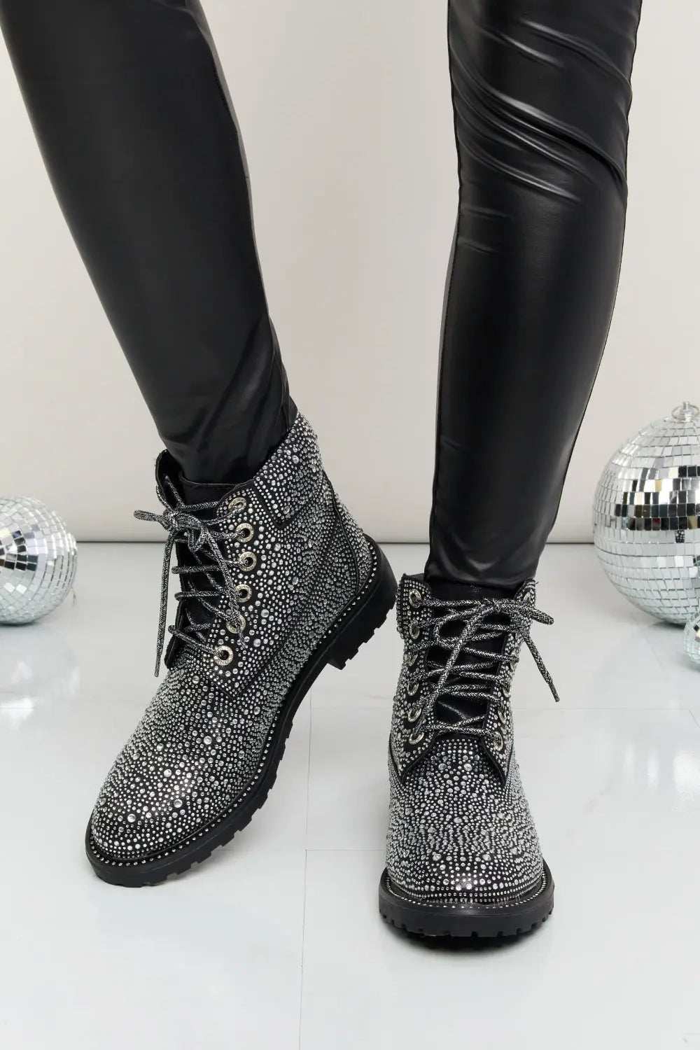 Forever Link Rhinestone Lace-Up Combat Boots - GlowUp Garments
