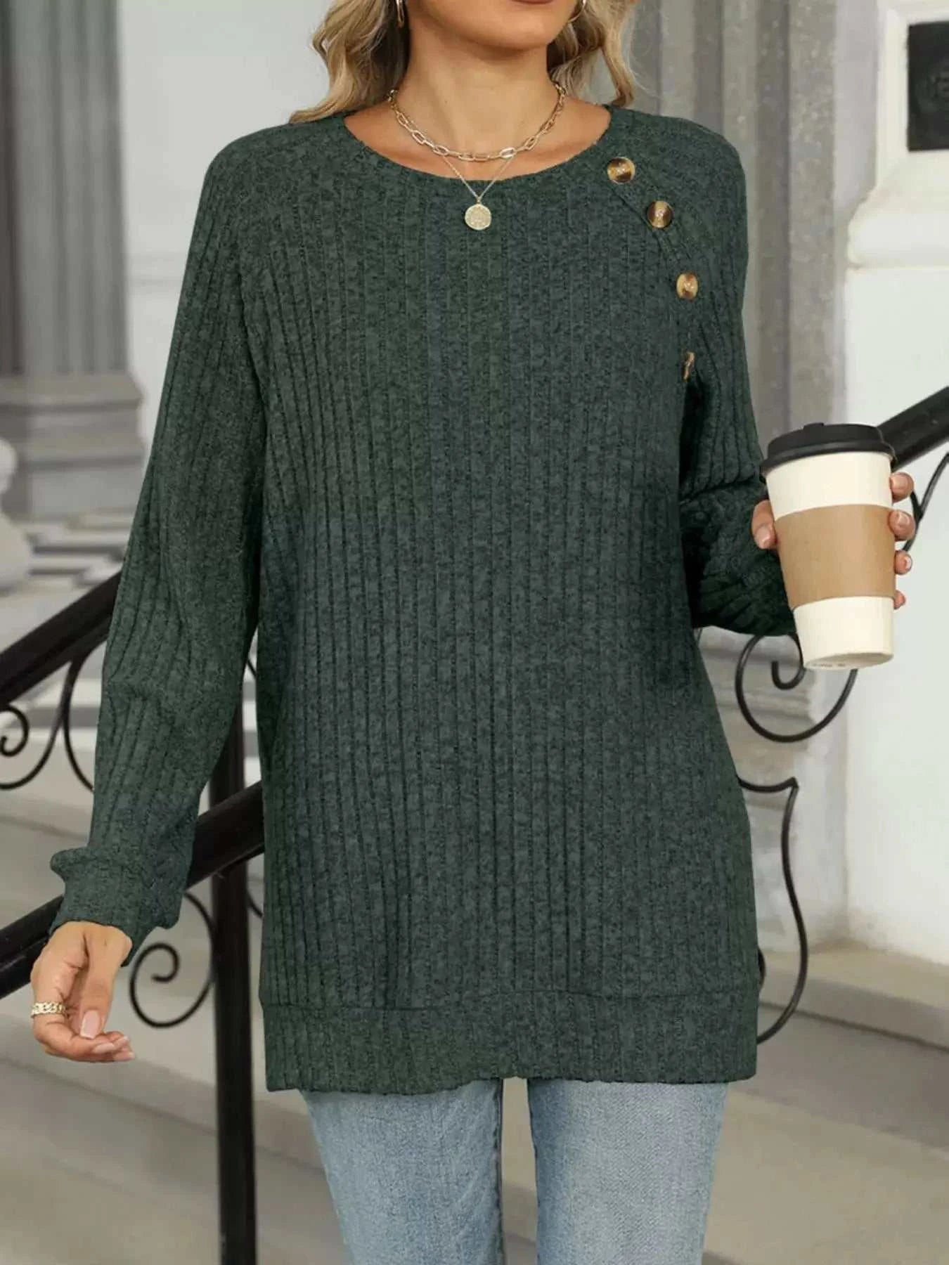 Round Neck Side Slit Ribbed Knit Top with Asymmetric Button Detail - GlowUp Garments