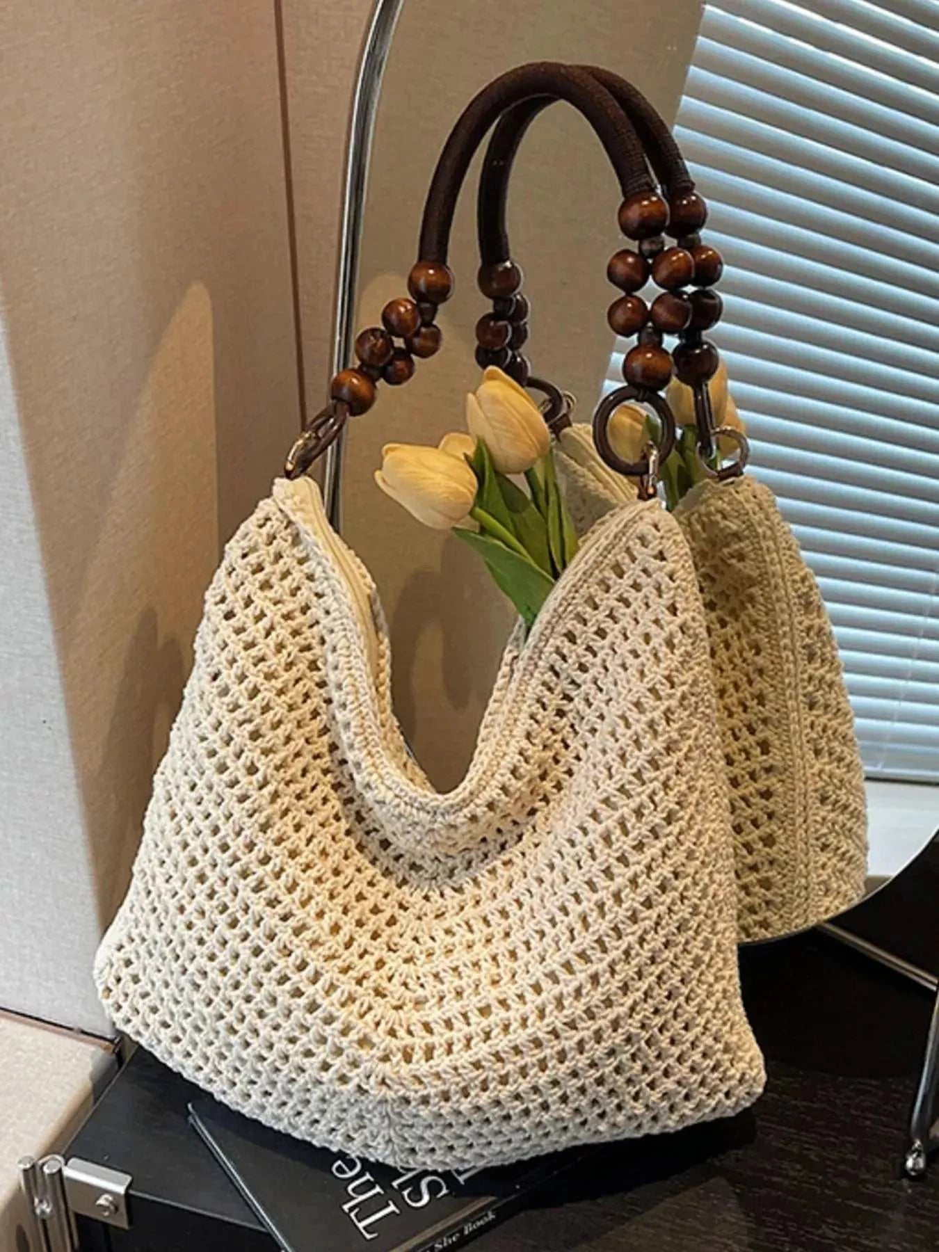 Knitted Shoulder Bag with Wooden Bead Handle - GlowUp Garments