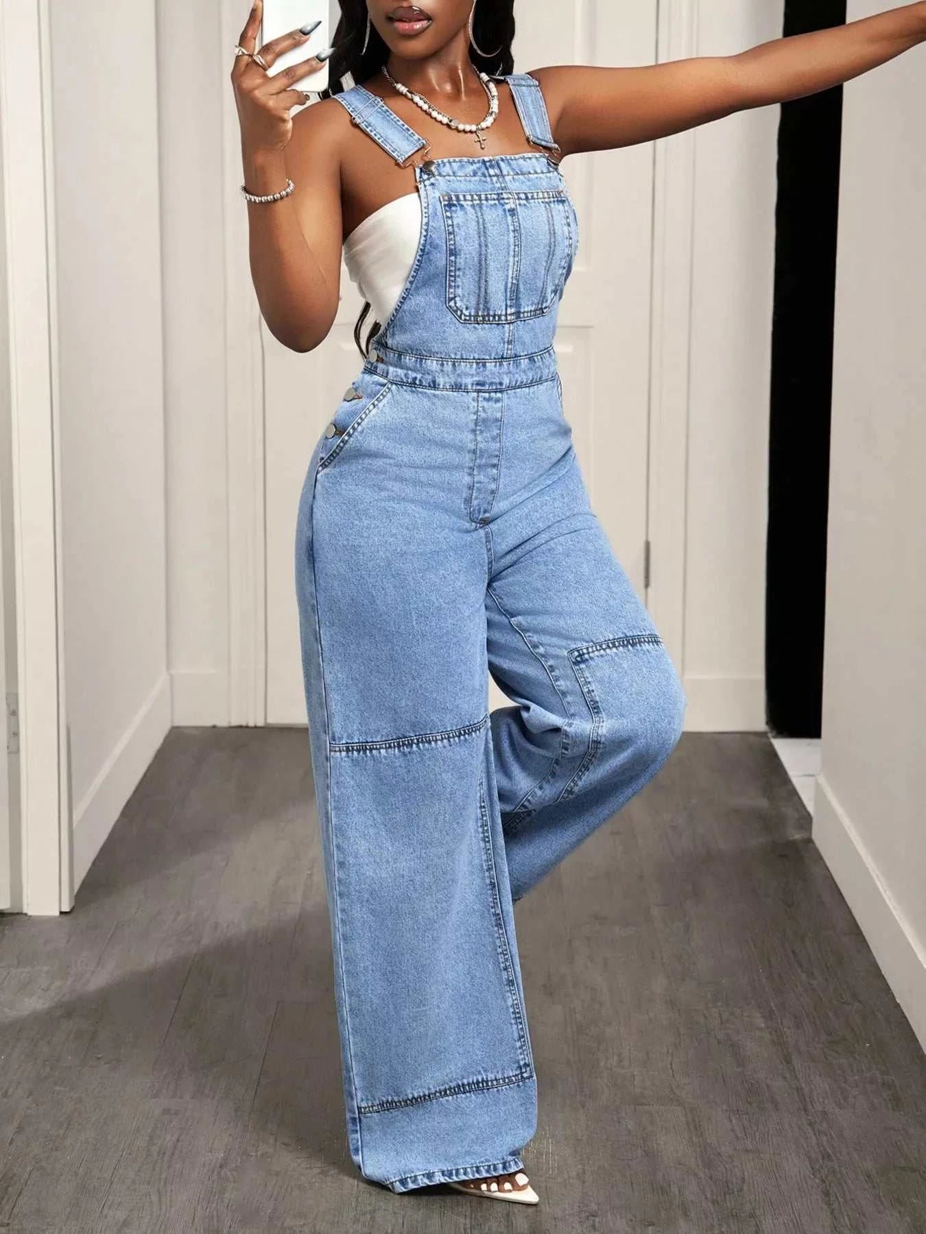 Wide Strap Wide Leg Denim Overalls - GlowUp Garments
