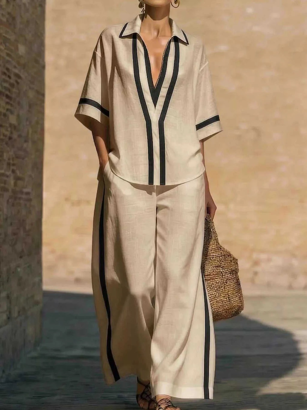 Full Size Contrast Trim Top and Pants Set Plus Size - GlowUp Garments