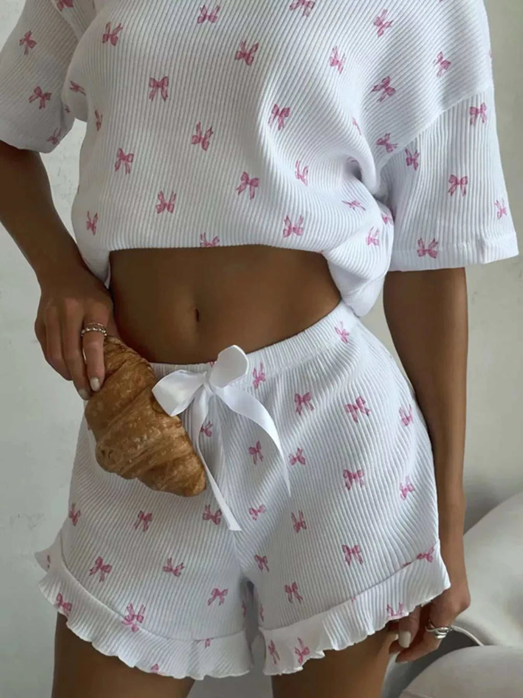 Ribbed Knit Bow Print Top and Shorts Lounge Set - GlowUp Garments